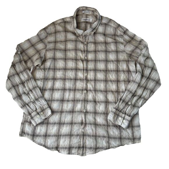 Calvin Klein Men’s Button Down Shirt Large Tan Brown Plaid Long Sleeve - Picture 1 of 15